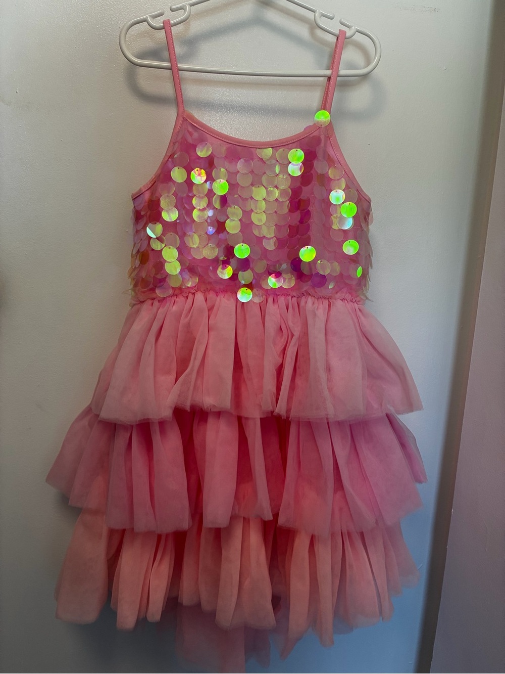 Lola + The Boys Pink Large Sequin Tiered Tulle Party Dress, Girls Size 6